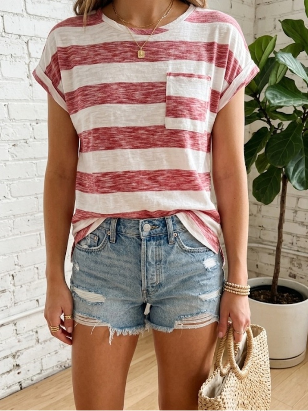 Merona Striped Pocket Tee Red White XS